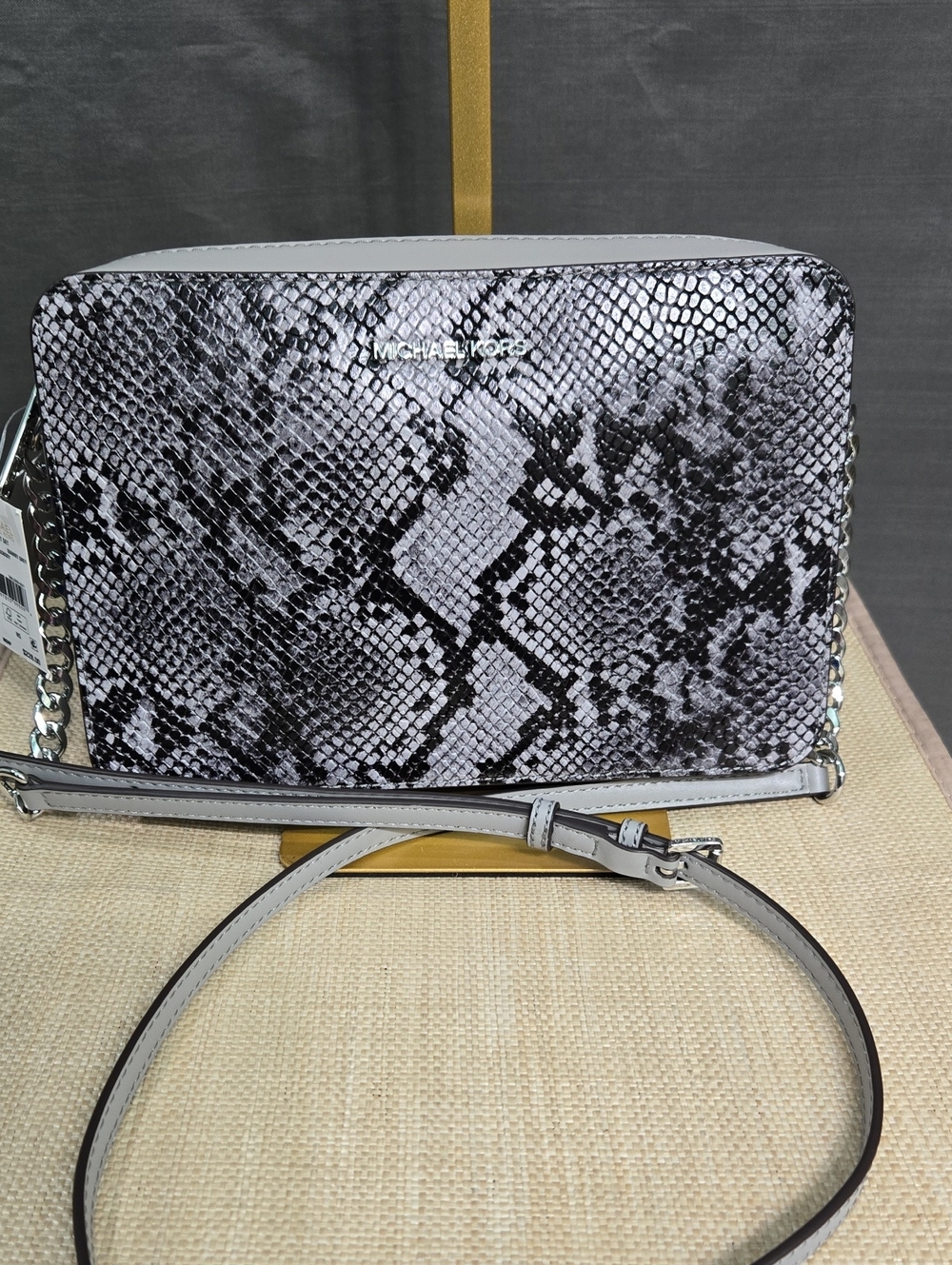 $228 RETAIL! Michael Kors Black and Gray Snake-Print Crossbody with Chain Strap